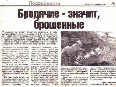 Бродячие - значит, брошенные, Мой Город, № 24 (65) 12 июня 2008 г.