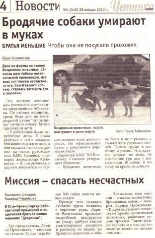 Бродячие собаки умирают в муках, газета Устинка №4 (549) 28 января 2010 г.